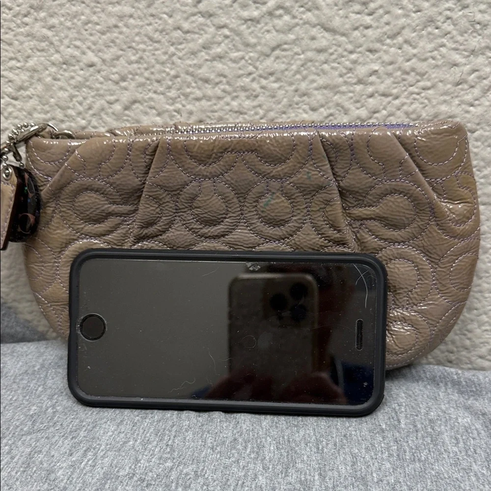 Coach Taupe Quilted Patent Wristlet Clutch